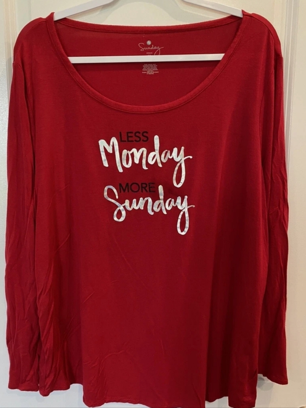 Less Monday More Sunday Long-Sleeve Top Red Sunday Brand NWT